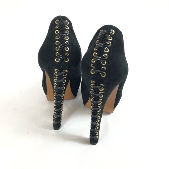 Wild Pair Suede Gold Mesh Peep Toe Heels Size 7.5 - Picture 11 of 15